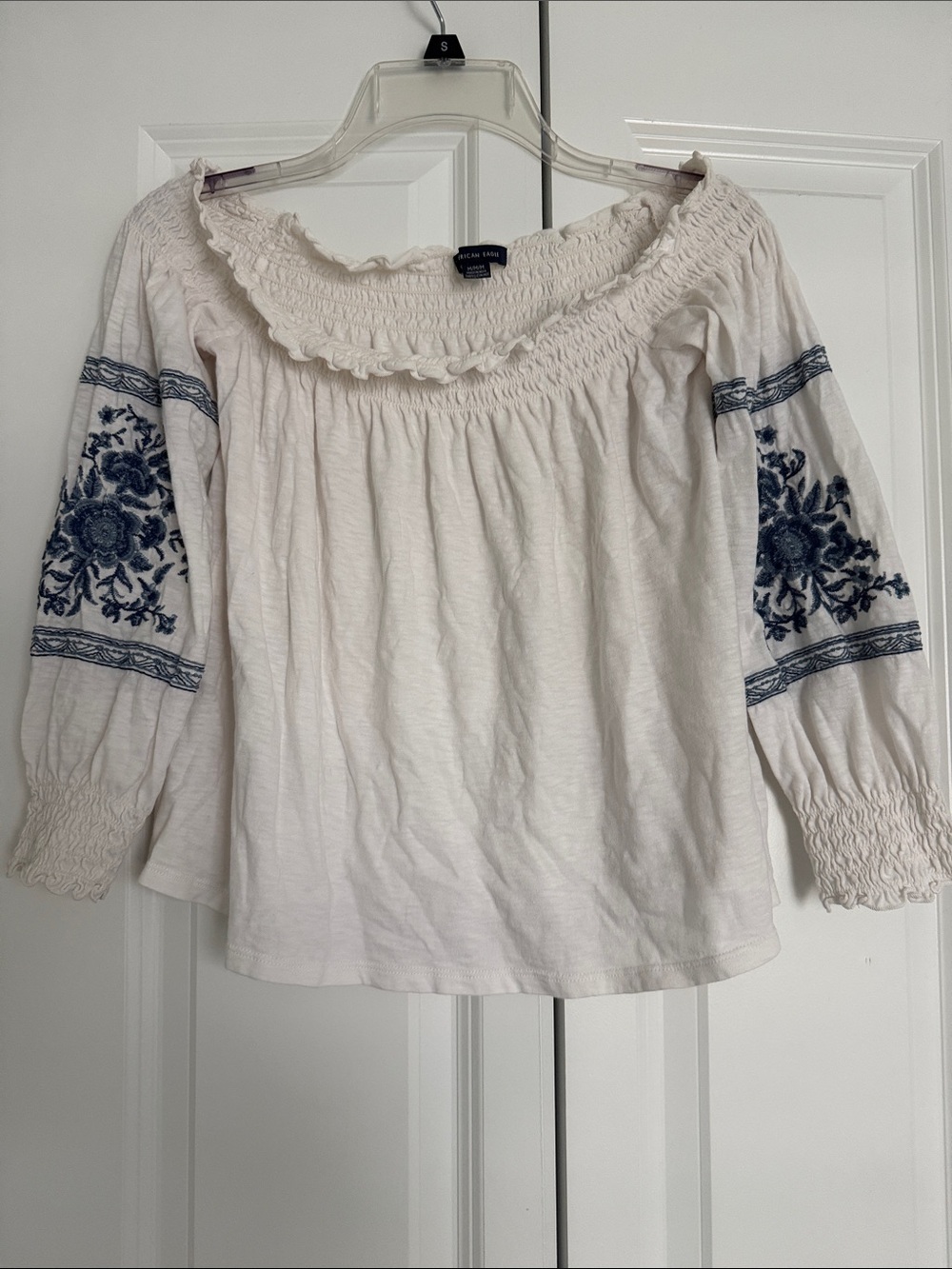 American Eagle Outfitters White Peasant Top with Navy Embroidery
